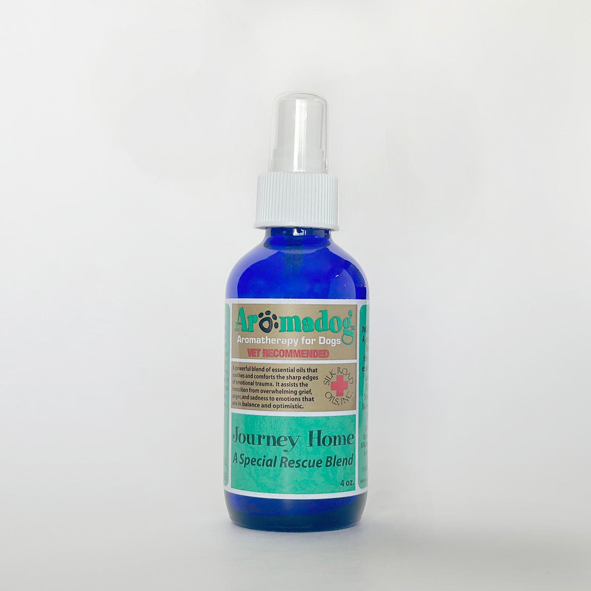 Aromadog Journey Home blue spray bottle with green label