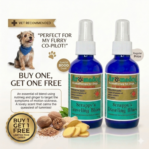 Aromadog Aromatherapy for Dogs, 'Scrappy's Traveling Blues'.  Made with essential oils nutmeg and ginger.